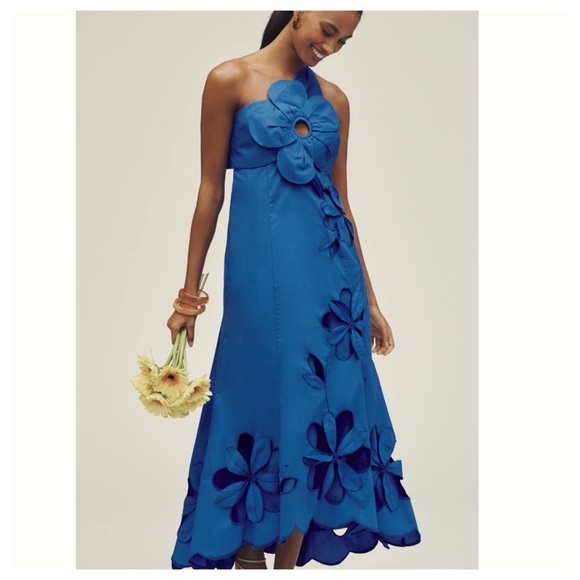 NWT Anthropologie One-Shoulder Cutwork Cutouts 3D Flower Blue Midi Dress - Picture 4 of 16